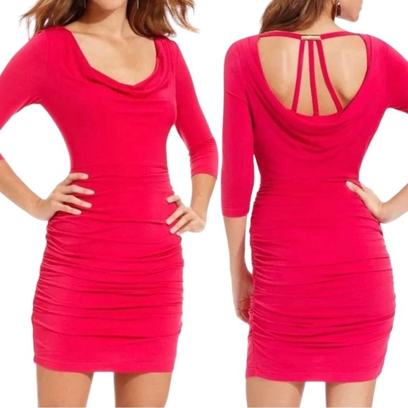 GUESS ~ Magenta Pink Bodycon Dress w/ Ruching and Amazing Back Detail ~ Size 6 - Picture 1 of 14